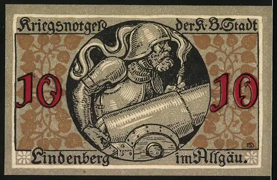 Notgeld Lindenberg i. Allgäu 1917, 10 Pfennig, Soldat zündet eine Kanone