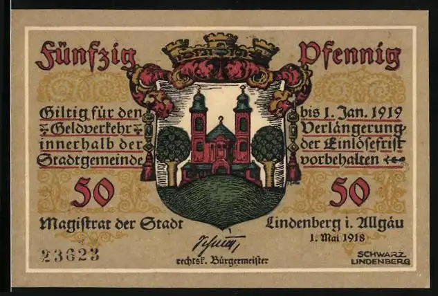 Notgeld Lindenberg i. Allgäu 1918, 50 Pfennig, Soldat in Uniform