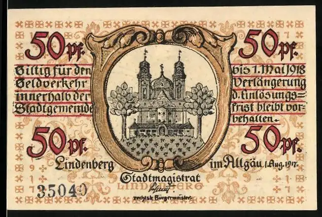 Notgeld Lindenberg i. Allgäu 1917, 50 Pfennig, Kreuzritter mit Schwert