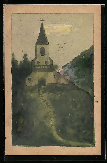 Künstler-AK Handgemalt: Kirche in einer grünen Landschaft