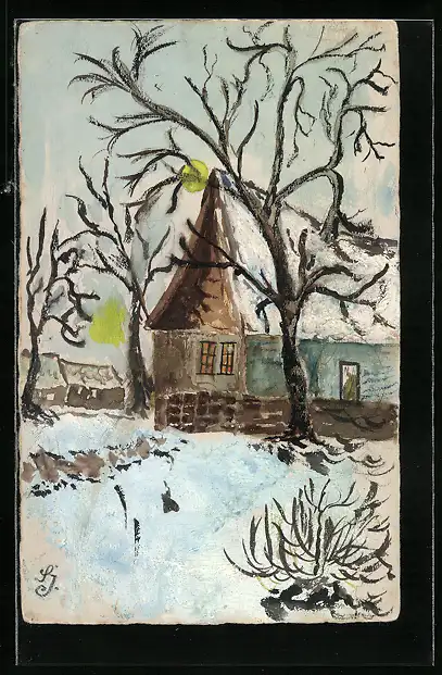 Künstler-AK Handgemalt: Haus und kahle Bäume im Schnee