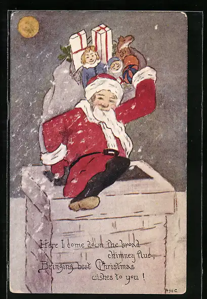 Künstler-AK Weihnachtsmann klettert aus dem Schornstein heraus