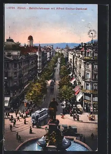 AK Zürich, Bahnhofstrasse mit Alfred Escher-Denkmal & Strassenbahn