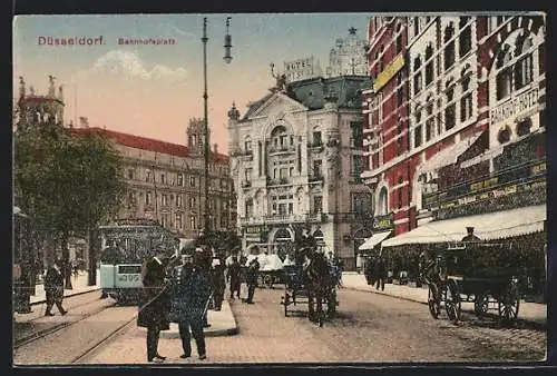 AK Düsseldorf, Strassenbahn in der Bahnhofstrasse mit Bahnhof-Hotel