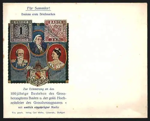 Dekorativer Briefumschlag 100jähriges Bestehen des Grossherzogtums Baden und der goldenen Hochzeit des Grossherzogpaares
