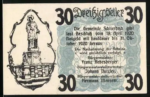 Notgeld Schlierbach 1920, 30 Heller, Ortsansicht, Denkmal