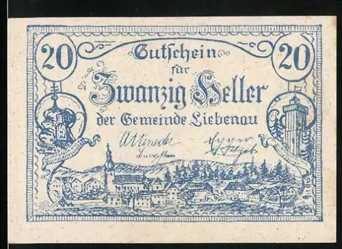 Notgeld Liebenau O. Ö. 1920, 20 Heller, Ortsansicht Panorama