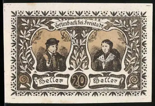 Notgeld Grünbach b. Freistadt 1920, 20 Heller, Frau und Mann mit Pfeife