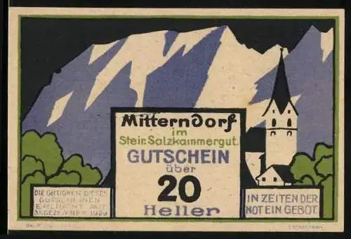 Notgeld Mitterndorf im Steir. Salzkammergut 1920, 20 Heller, Kirche vor Bergen