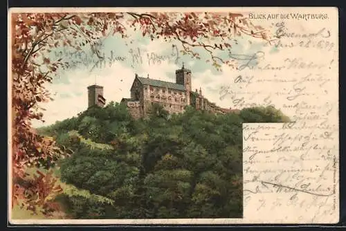 Lithographie Blick auf die Wartburg