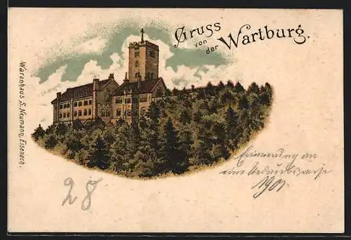 Lithographie Blick auf die Wartburg