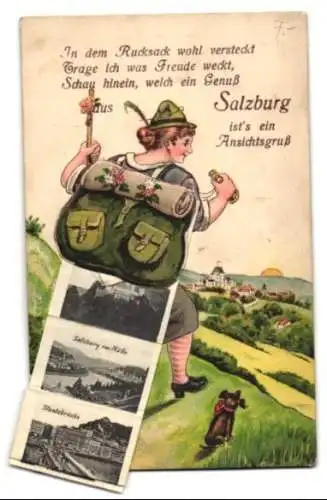 Leporello-AK Salzburg, Ansichten hinterm Rucksack, Ortsansicht von Mülln, Stadttheater, Staatsbrücke