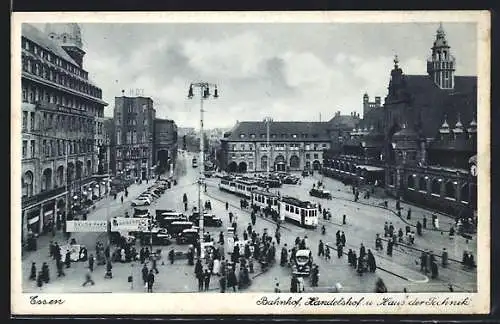 AK Essen, Bahnhof und Handelshof mit Strassenbahnen