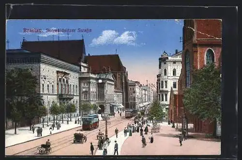 AK Breslau, Schweidnitzer Strasse mit Strassenbahn