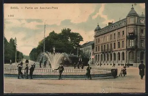 AK Basel, Partie am Aeschen-Platz mit kleiner Fontäne