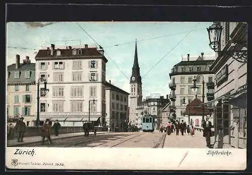 AK Zürich, Sihlbrücke mit Strassenbahn