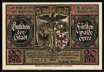 Notgeld Fürstenwalde /Spree 1921, 20 Pfennig, Beginn der Kultur durch deutsche Kolonisten