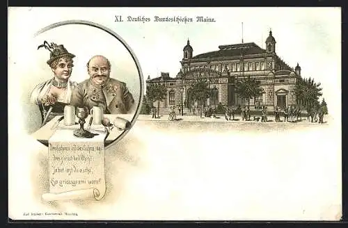 Lithographie Mainz, XI. Deutsches Bundesschiessen, Paar sitzt mit Bier zu Tisch