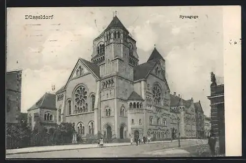 AK Düsseldorf, Synagoge mit Strassenpartie