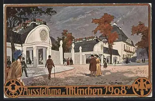 Künstler-AK Carl Moos: München, Ausstellung 1908, Haupteingang, Ganzsache Bayern