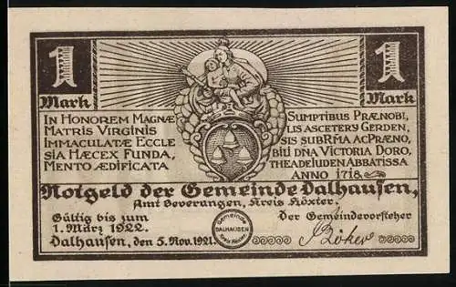 Notgeld Dalhausen 1922, 1 Mark, Wappen, Gnadenbild Maria