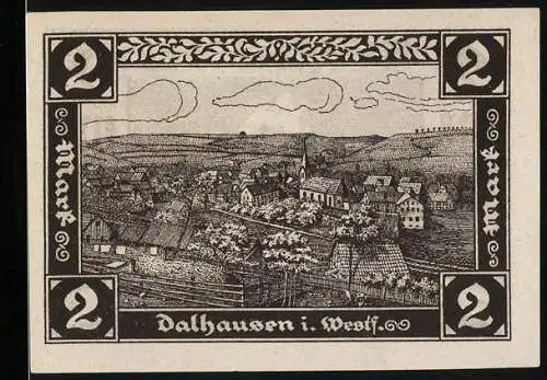 Notgeld Dalhausen i. Westf. 1921, 2 Mark, Wappen, Ortsansicht