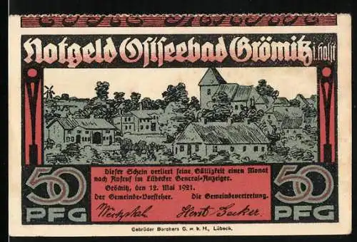 Notgeld Grömitz /Ostsee 1921, 50 Pfennig, Ortspartie mit Kirche