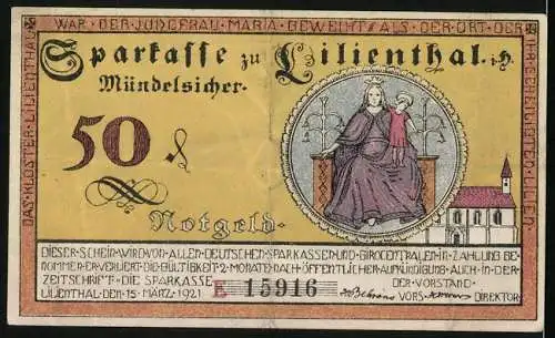 Notgeld Lilienthal 1921, 50 Pfennig, Segelboot, Kühe, Bauernpaar