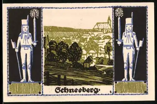 Notgeld Schneeberg 1921, 50 Pfennig, Ortspartie mit Kirche, Wappen