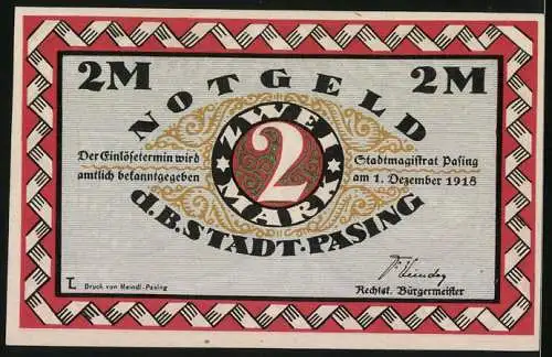 Notgeld Pasing 1918, 2 Mark, Baum mit Wappen