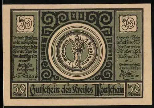 Notgeld Monschau 1921, 50 Pfennig, Karte mit Monschau an der belgischen Grenze