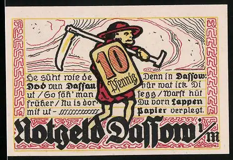 Notgeld Dassow i. M. 1922, 10 Pfennig, der Tod mit Sense in roter Kleidung