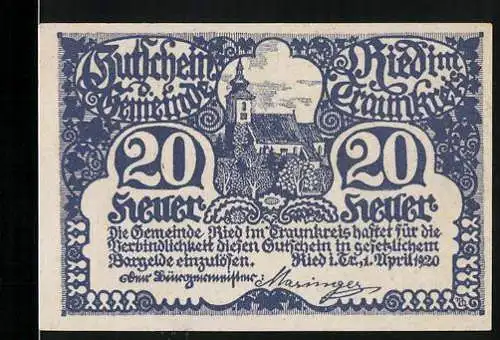 Notgeld Ried im Traunkreis 1920, 20 Heller, Blick auf die lokale Kirche