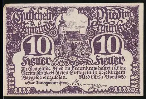 Notgeld Ried im Traunkreis 1920, 10 Heller, Blick auf die lokale Kirche