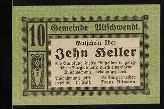 Notgeld Altschwendt 1920, 10 Heller, Gutschein