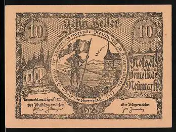 Notgeld Neumarkt im Hausruckkreis 1920, 10 Heller, Krieger mit Fahne, Calvarienberg