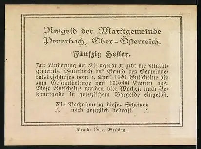 Notgeld Peuerbach /O.-Ö. 1920, 50 Heller, Ortspartie mit Kirche