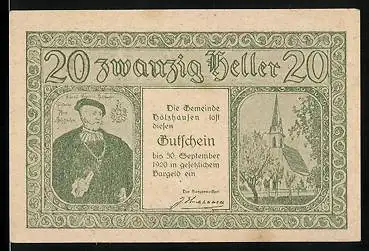 Notgeld Holzhausen 1920, 20 Heller, Portrait, Kirche, Gebäude