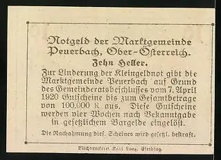 Notgeld Peuerbach 1920, 10 Heller, Ortsansicht mit Turm