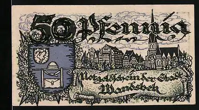 Notgeld Wandsbek 1921, 50 Pfennig, Wappen, Ortsansicht