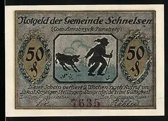 Notgeld Schnelsen, 50 Pfennig, Strassenpartie, Bauer mit Kalb