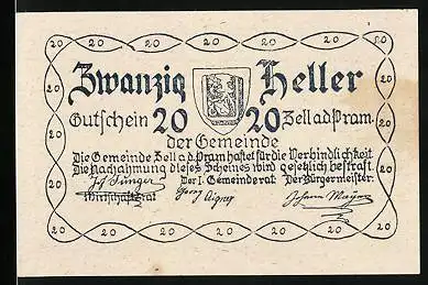 Notgeld Zell /Pram 1920, 20 Heller, Bräuhaus, Wappen