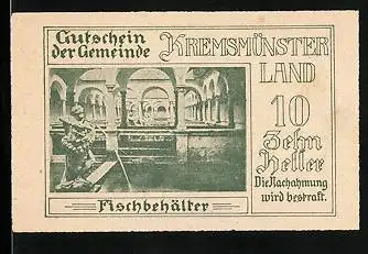 Notgeld Kremsmünster-Land 1920, 10 Heller, Fischbehälter, Sternwarte u. Stift