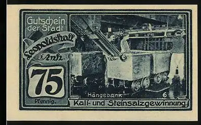 Notgeld Leopoldshall 1921, 75 Pfennig, Hängebank der Kali- und Steinsalzgewinnung, Bergmänner in Tracht