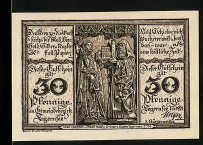 Notgeld Tegernsee 1921, 50 Pfennig, Graf Adalbert und Otkar Huosi, Gründer des Klosters, Das Kloster