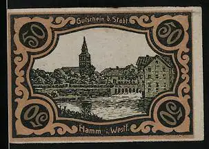 Notgeld Hamm i. Westf. 1920, 50 Pfennig, Uferpartie, Stadtwappen