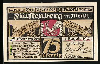 Notgeld Fürstenberg in Meckl. 1921, 75 Pfennig, Gasthaus Goldner Löwe, Mann in der altdeutschen Stube, Wappen