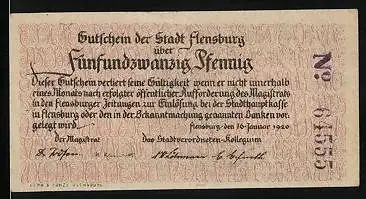 Notgeld Flensburg 1920, 25 Pfennig, Männer beim Tauziehen, Wappen