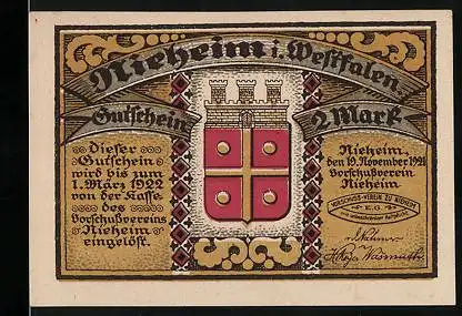 Notgeld Nieheim i. Westfalen 1921, 2 Mark, Stadtwappen