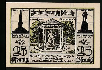 Notgeld Bad Lauterberg i. Harz 1921, 25 Pfennig, Ritscher- und Wissmann-Denkmäler, Lauterberger Brunnenquelle